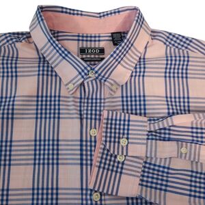 IZOD Mens Button Down Shirt XL Pink Grid Check Long Sleeve Cotton Classic‎ Fit